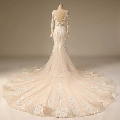 11988#Long Sleeves Sexy V-Neck Bohemian Backless Beach Mermaid Wedding Dress Sweep Train Lace Applique Wedding Dress Bridal Gown
