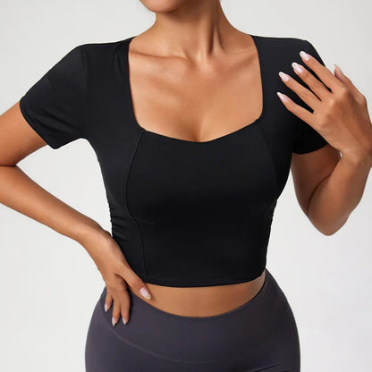 U-neck Twist Side Slim Fit Tank Top Compression Quickly Dry Short Sleeve Gym Sports Workout Top Yoga Tops