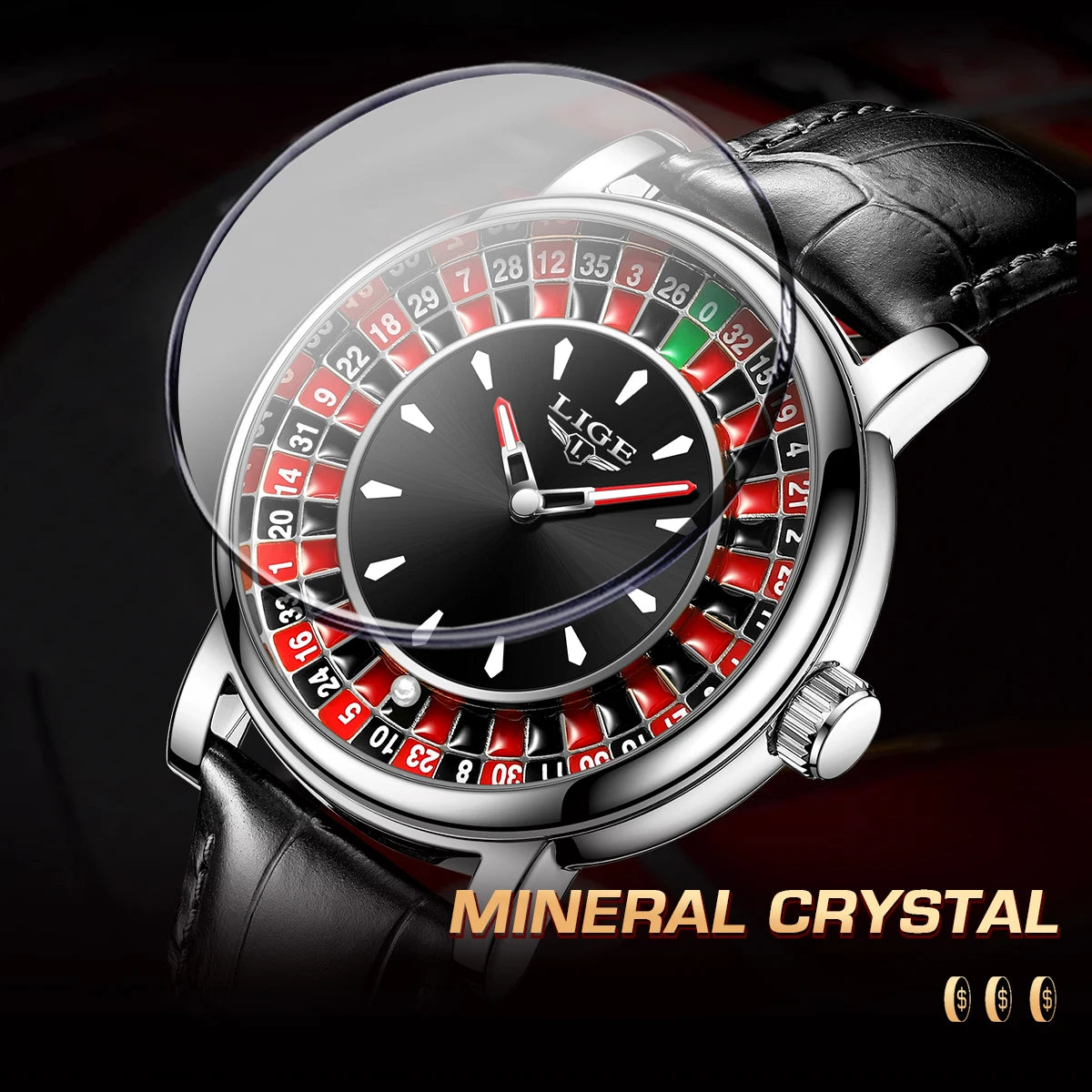 LIGE LG89161 Sample Quartz Movement Rotating Watch Gambling Disk Mens Watch Luminous Roulette Casino Watch Male Clock Custom OEM