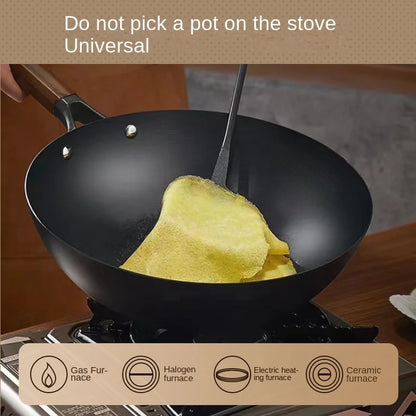 Extra Thick Nitrided Cast Iron Frying Pan Wood Grain Handle Tempered Glass Lid Non-Coated Non-Stick Surface CE Certified