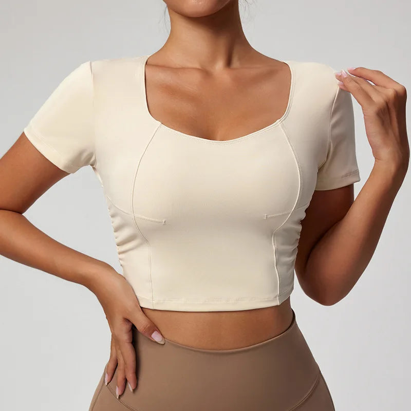 U-neck Twist Side Slim Fit Tank Top Compression Quickly Dry Short Sleeve Gym Sports Workout Top Yoga Tops