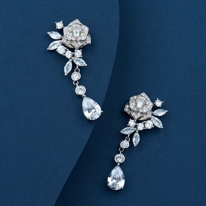 Manufacturer Spot Wholesale and Retail Elegant Female Jewelry Classic Fashion Rose Drop Zircon Long Earrings