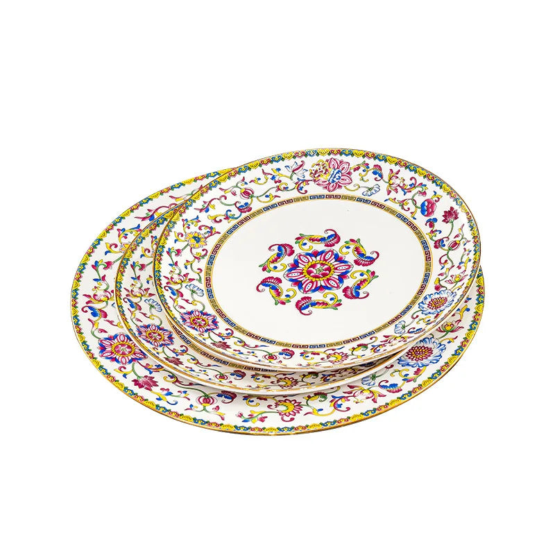 Luxury Enamel Flower Dinnerware Set Golden Rim White Porcelain Dinner Plates Soup Bowls Set Tableware for Wedding Gifts