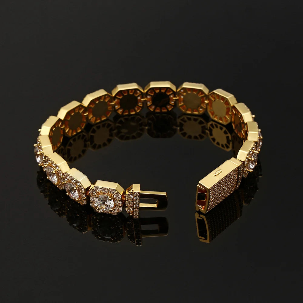 Nuoya 12mm Wholesale Hip Hop Bracelet for MenIced Out Chain 18k Gold Plated Clustered Tennis Bracelet
