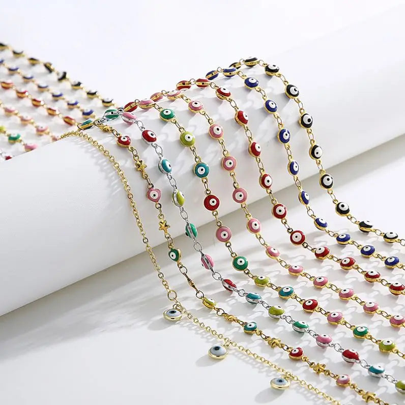 Trendy 18K Gold Plated Enamel Eye Beads Chain Necklace Accessories for Diy