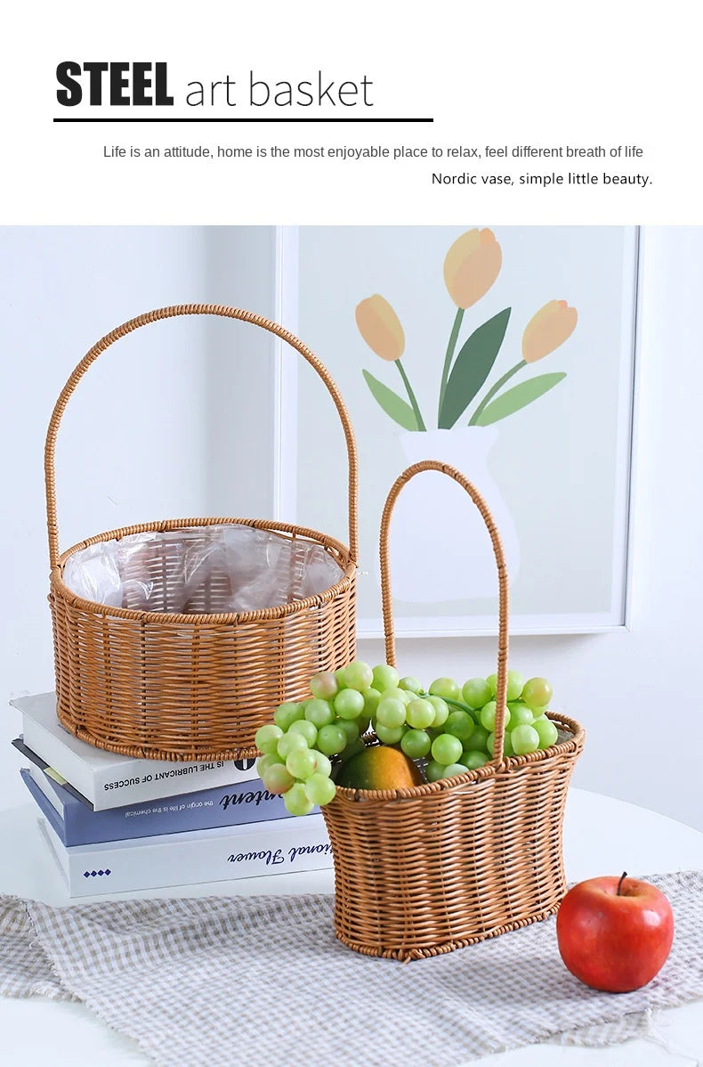 Portable Outdoor Picnic Basket Home Decorative Storage Woven Flower Pot Hand-held Rattan Wicker Accompanying Gift Floral Basket