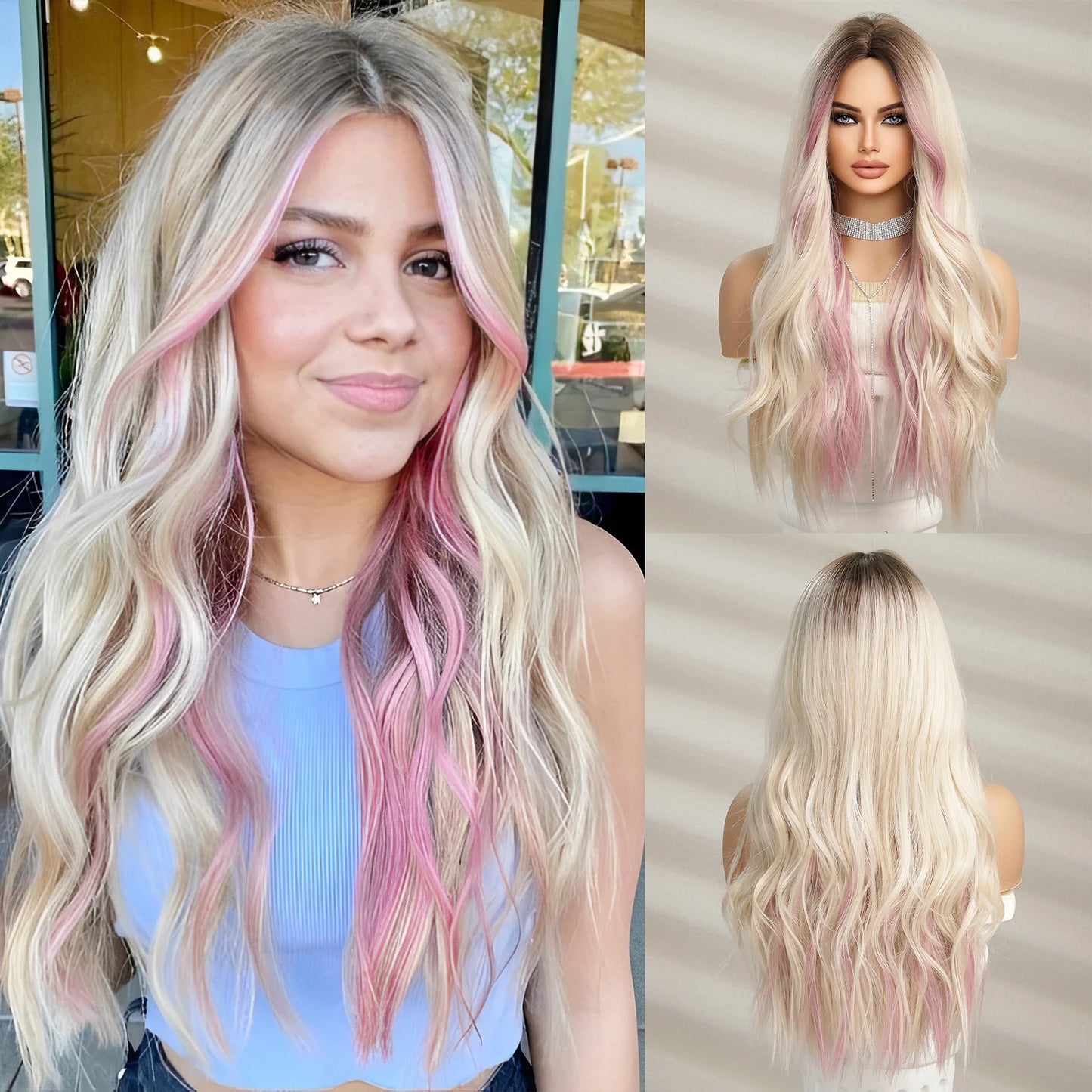 26-Inch  Straight Hair Wig Loose Wave Ombre Blonde Gradient Gold Pick Pink Long Curly  High-Temperature Fiber Styles Women
