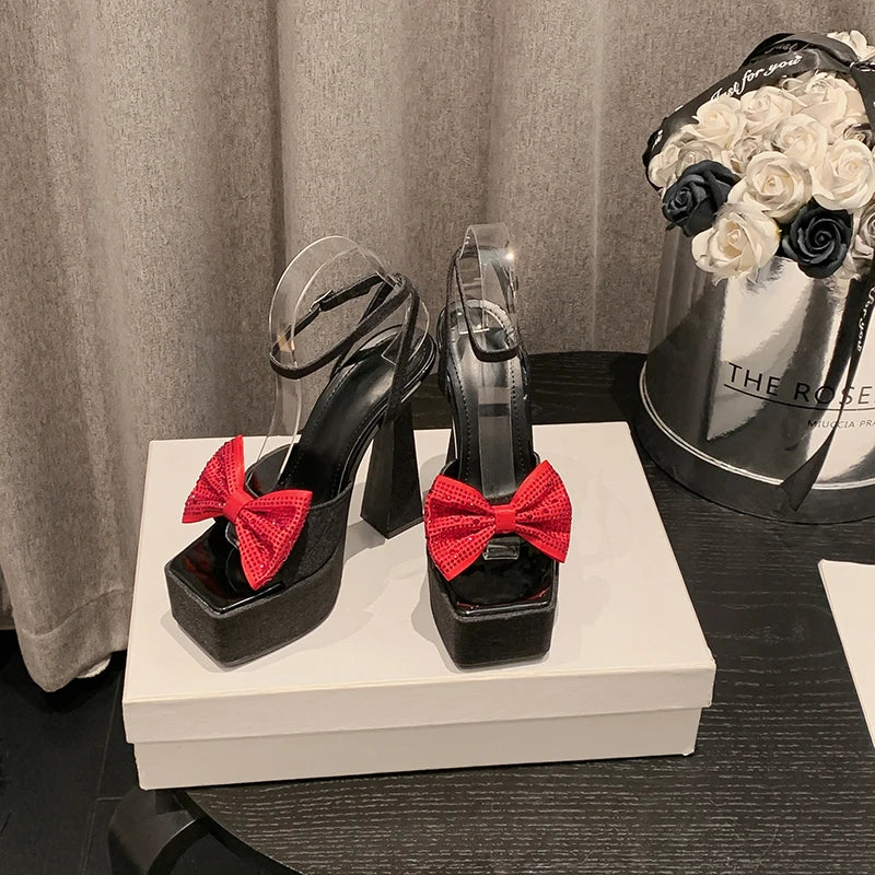 Hot Sale 2024 New Denim Thick High Heel Waterproof Platform Rhinestone Bow Stage Catwalk Shoes