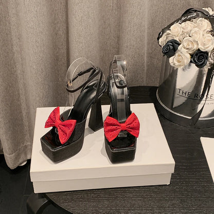 Hot Sale 2024 New Denim Thick High Heel Waterproof Platform Rhinestone Bow Stage Catwalk Shoes