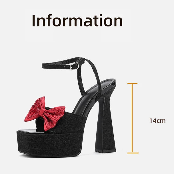 Hot Sale 2024 New Denim Thick High Heel Waterproof Platform Rhinestone Bow Stage Catwalk Shoes