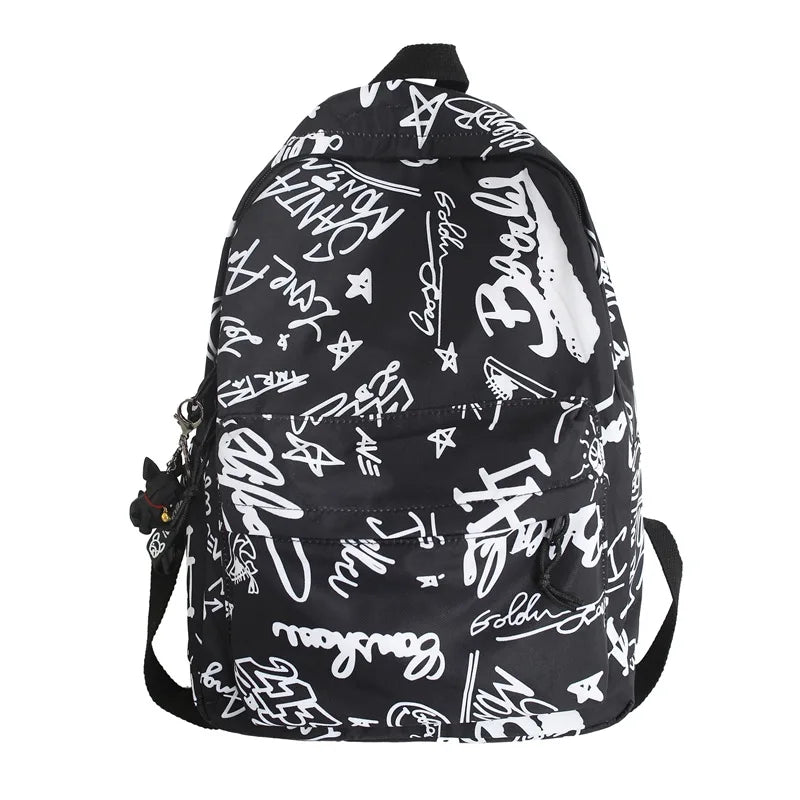 Modern Fashion Graffiti Print Nylon Backpacks Large Capacity High School Teens School Bags 17 Inch Kids Backpack