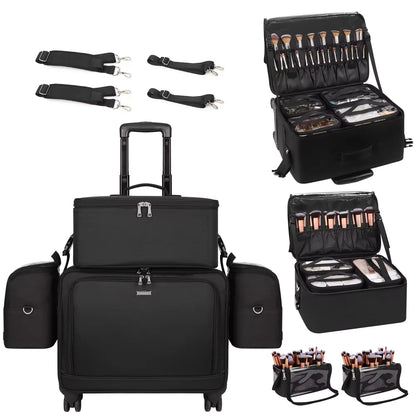 Relavel Professional 4 in 1 Black Canvas Rolling Artists Makeup Cases Travel Trolley Case with 7 Small Bags Cosmetic Cases