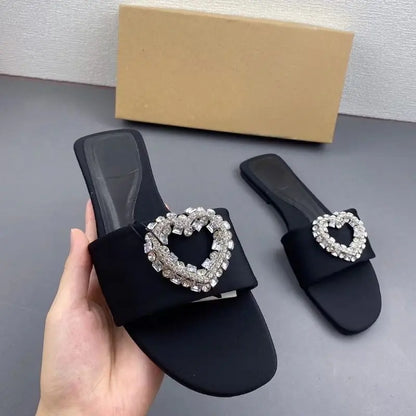 Latest Design Love Rhinestone Ladies Slides Footwear Open Toe Flat Casual High Quality 2025 Women's Sandals
