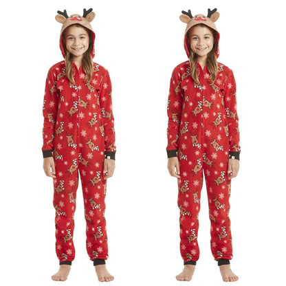 Christmas Family Matching Onesie - Elk Print Hooded Jumpsuit Pyjamas for Mom Dad Kids