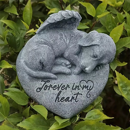 Puppy on Heart Resin Sculpture, Gray Sleeping Dog with Angel Wings Decor on Engraved Base, Pet Loss Sympathy Gift for Garden