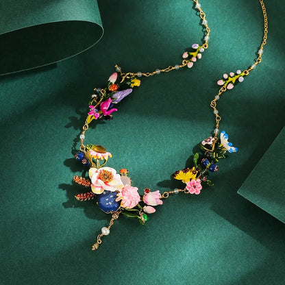 French High-End Fashion Choker Necklace Enamel Glazed Daisy Flower & Wheat Spike with Sapphire Tassel  Fine Necklaces