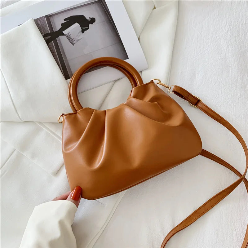 Strength Manufacturer Fashion New Style Wooden Handle Soft Pleated Women Handbag Mini Crossbody Bag Handmade