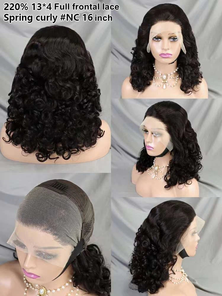Wholesale 13*4 Full Frontal Lace Spring Curly Brazilian Wig 16 Inch 220% Density 99J Raw Human Hair Wig for Black Women