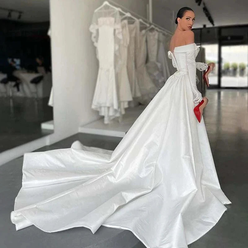13872# Detachable Train Elegant Mermaid Wedding Dress Sexy High Side Slit Cap Sleeve Bridal Gown Lace-Up Satin Strapless Button