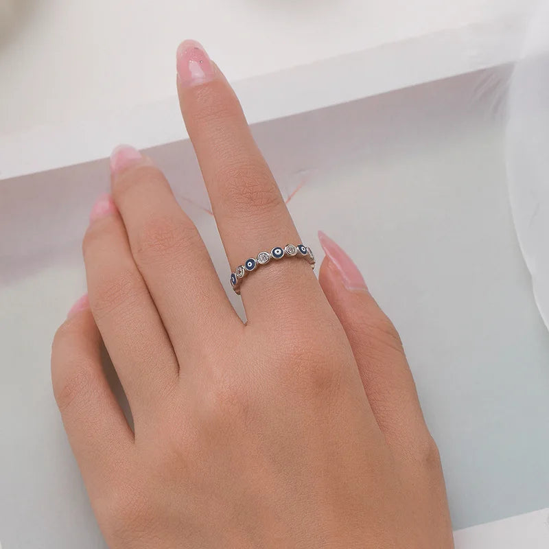 Wholesale 925 Sterling Silver Simple Style Heart-Shaped Zircon Enamel Blue Devil's Eye Rhodium Ring for Weddings & Parties
