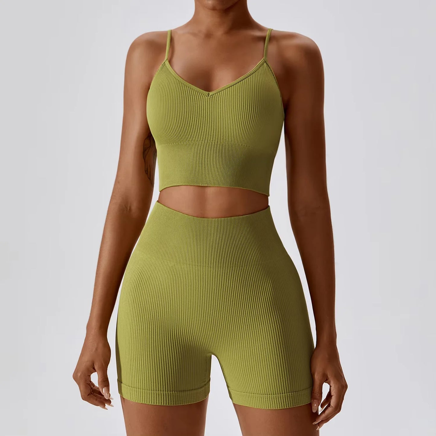 Joyyoung ODM/OEM New Sexy Training Apparel Seamless Ribbed High ed Bra Scrunch Shorts Yoga Sets Fitness Sports Clothing