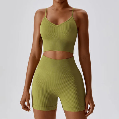 Joyyoung ODM/OEM New Sexy Training Apparel Seamless Ribbed High ed Bra Scrunch Shorts Yoga Sets Fitness Sports Clothing