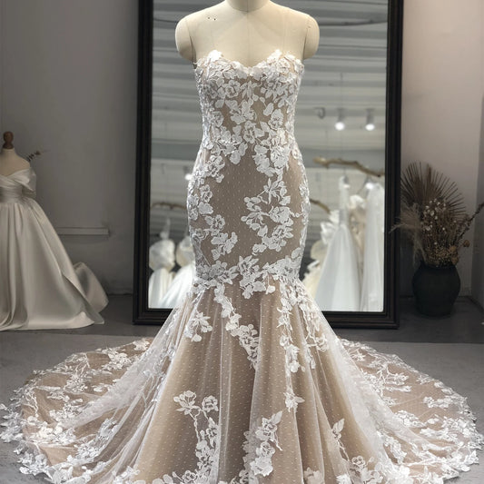 RL014  Latest Design Mermaid Wedding Dress Sexy Tube Top Lace Double Sided Embroidered Plus Size Wedding Dress
