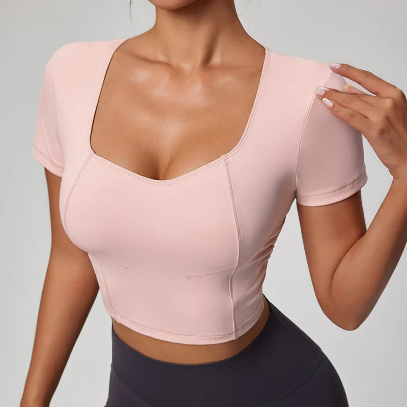 U-neck Twist Side Slim Fit Tank Top Compression Quickly Dry Short Sleeve Gym Sports Workout Top Yoga Tops