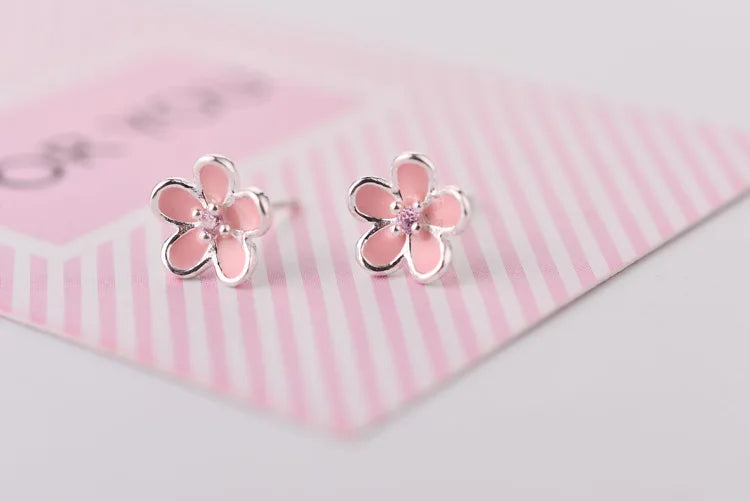 925 Sterling Silver Pink Flower Stud Earrings - Elegant Wedding Jewelry for Women