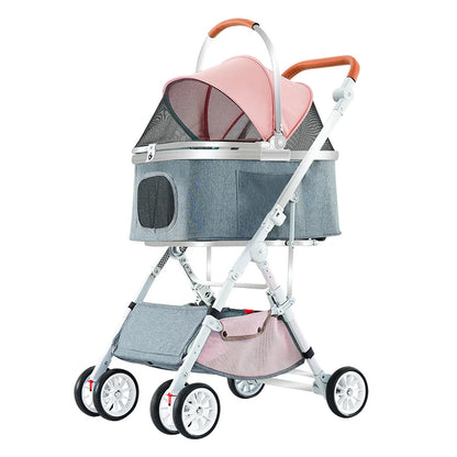 Luxury Easy Fold Removable Liner Waterproof Adjustable Storage Basket Pet Stroller 4 Wheel 15kg Capacity for Dogs/Cats Aluminum
