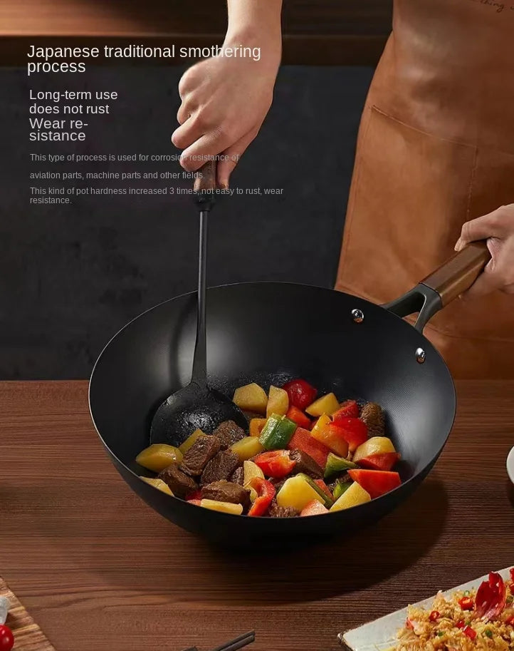 Extra Thick Nitrided Cast Iron Frying Pan Wood Grain Handle Tempered Glass Lid Non-Coated Non-Stick Surface CE Certified