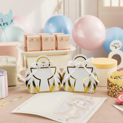 50PCS Recycled Materials Christening Holy Grail Design Candy Treat Foldable Paper Box Ribbon Baptism Cross Cookie Baby Shower