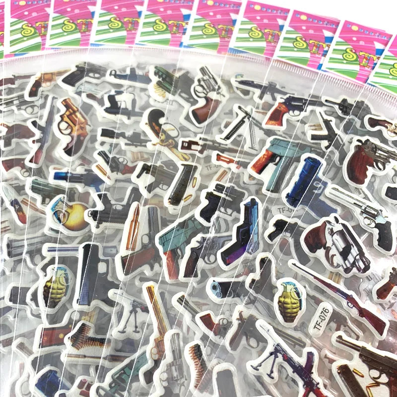 12Sheets/Set Military Fans Weapon Gun Pistol Stickers for Kids Boys PVC Bubble Scrapbook DIY Toys