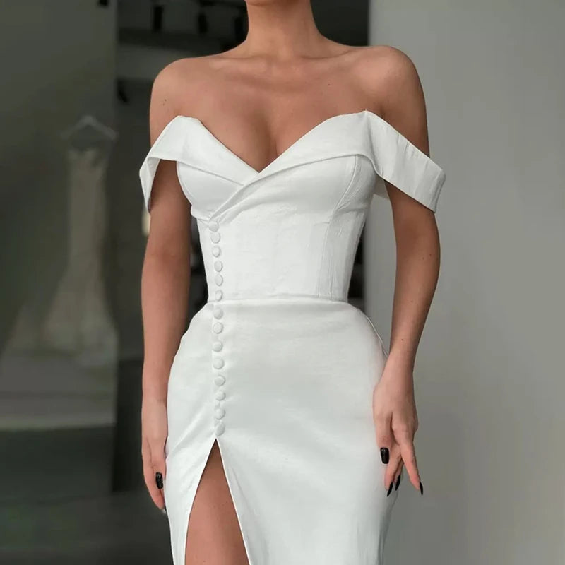 13872# Detachable Train Elegant Mermaid Wedding Dress Sexy High Side Slit Cap Sleeve Bridal Gown Lace-Up Satin Strapless Button