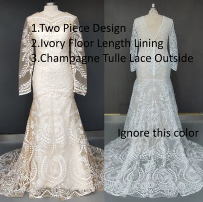#4055 2 Piece in 1 BOHO Bohemian Long Sleeve Destination Wedding Dress Appliques Lace Wedding Shoot Post Bridal Gown REAL PHOTO