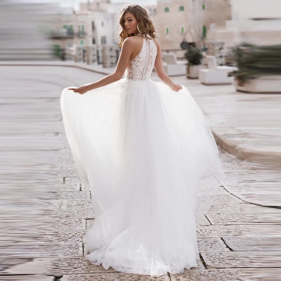 13128#Simple A-Line High Neck Beach Bohemian Elegant Lace Appliques Backless Tulle Illusion Sleeveless Wedding Dress Bridal Gown
