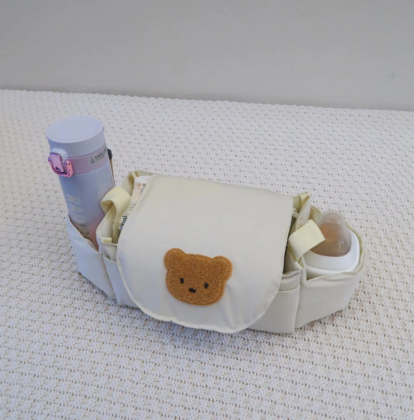 Universal Cotton Nursery Diaper Organizer Bag with Insulated Cup Holder Hanging Baby Stroller Bag for Mommy and Infant