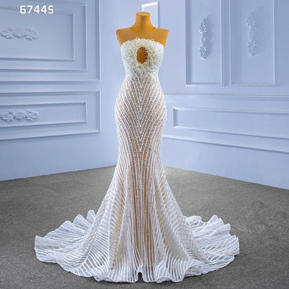 Rsm67445 2022 Bridal Wedding Dress Latest Design Luxury Sleeveless Lace Beaded Slim Fit Ladies Wedding Dress