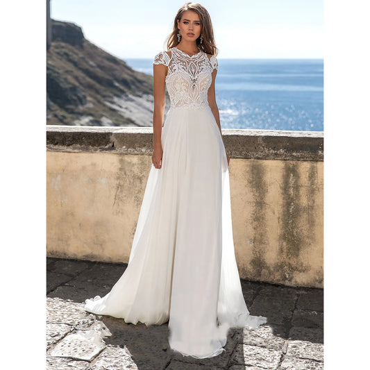13475#Elegant Scoop Neck Beach Bohemian Vestido De Novia Cap Sleeves Outdoor A-Line Chiffon Boho Lace Wedding Dress Bride Gown