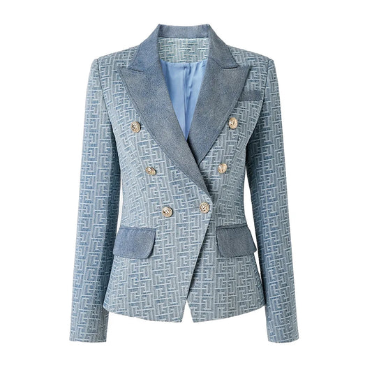 2024 Bettergirl Autumn Winter Denim Patchwork Jacquard Pattern Metal Buckle Suit