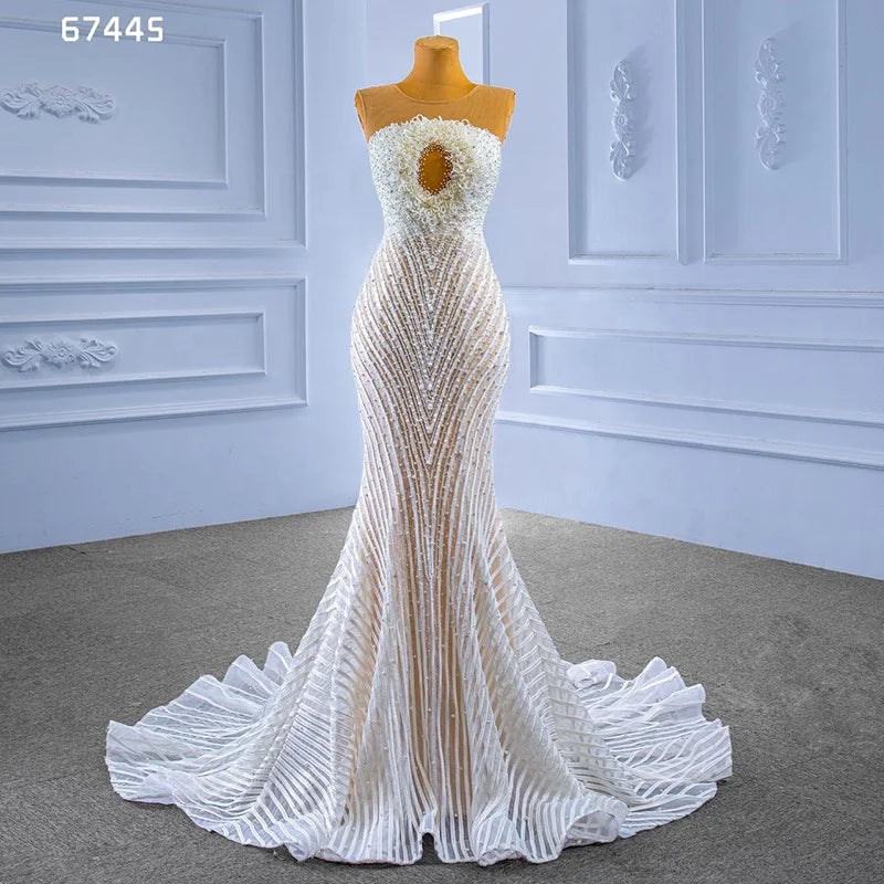 Rsm67445 2022 Bridal Wedding Dress Latest Design Luxury Sleeveless Lace Beaded Slim Fit Ladies Wedding Dress