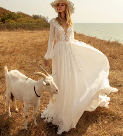 11778# Bohemian Open Back Sweep Train Long Sleeve Boho Beach Lace V  Neck Sexy Chiffon Wedding Dress Wedding Bridal Gown