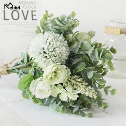 Meldel Wedding Flower Bouquet Artificial Silk Rose Lucky Ball Flower Home Wedding Decor Bride Bouquet Forest Style Eucalyptus