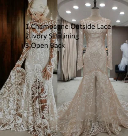 #4055 2 Piece in 1 BOHO Bohemian Long Sleeve Destination Wedding Dress Appliques Lace Wedding Shoot Post Bridal Gown REAL PHOTO