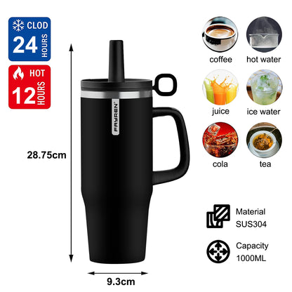 Double Wall Vacuum Insulated Powder Coated Coffee Tumbler Custom logo Stainless Steel Travel Mug Straw Tumbler With Handle
