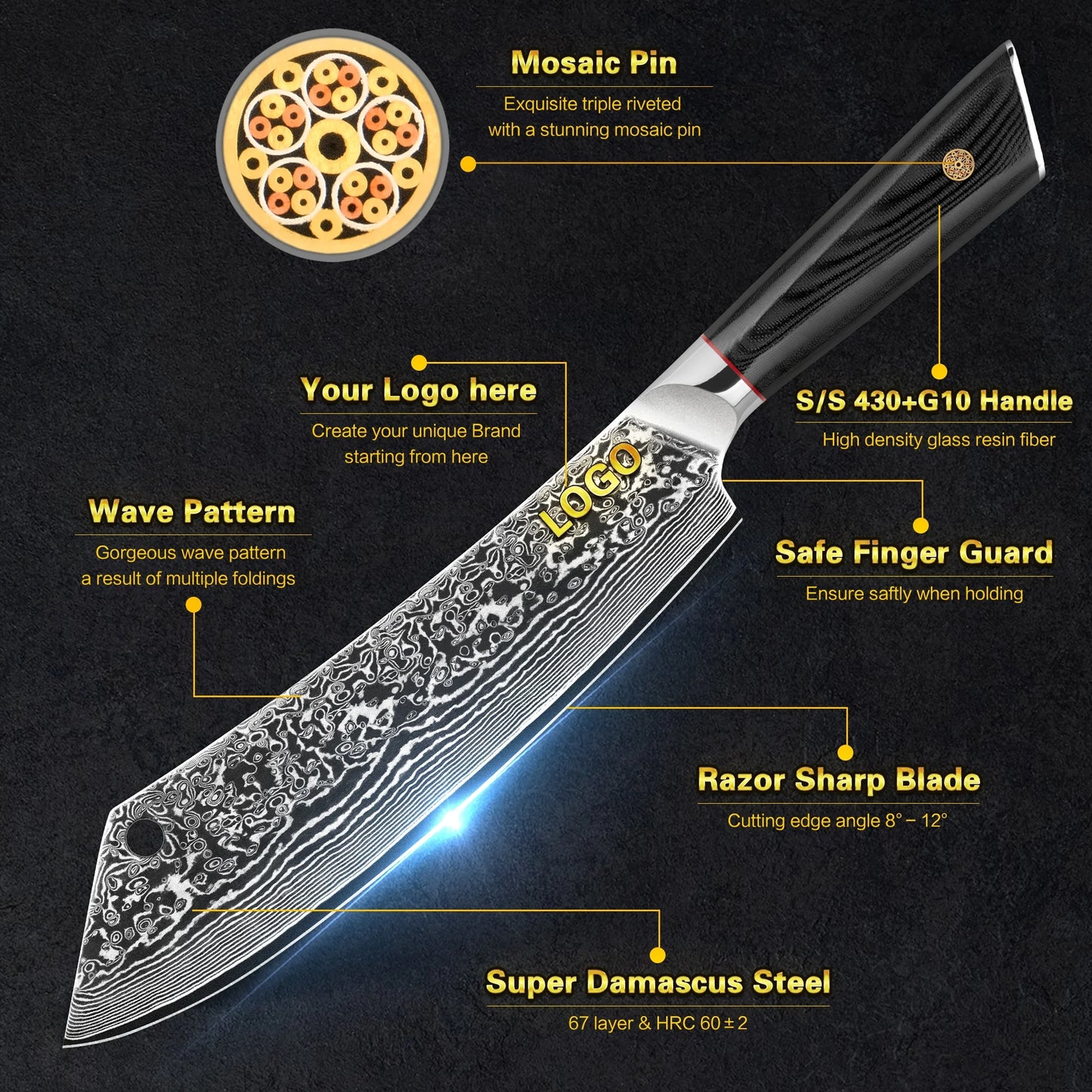 10% Off Custom Logo 67 Layers v Gold G10 Handle 9.5 Inch Damascus Camel Slaughter Knife with Magnet Gift Box