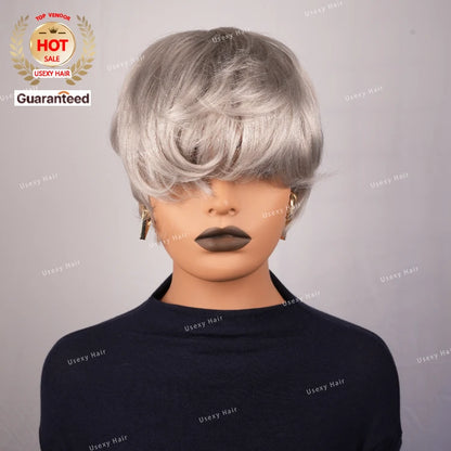 Pixie Cut Silver Grey Short Straight Bob Human Hair Wig for Women Brazilian Remy Hair Glueless Colored Machine Made Cheap Wig