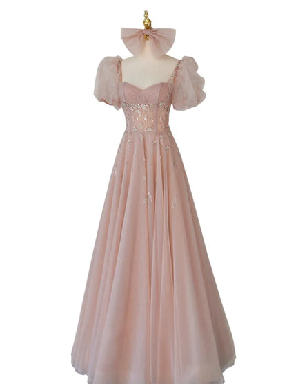 Elegant Short Puff Sleeve Beading Sequins Lace Bow A-line Lace-up Bridesmaid Dress for Girls Evening Party Dress Plus Size Women