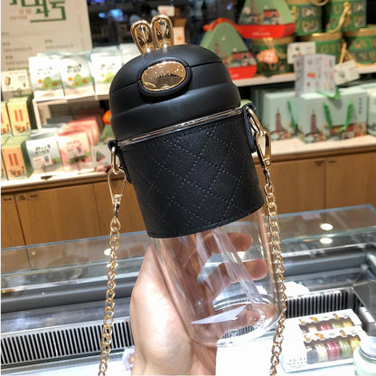 580ml Rabbit Ears Cute Plastic Water Bottle with Straw Pearls Metal Chain Strap Portable Kid Water Bottle