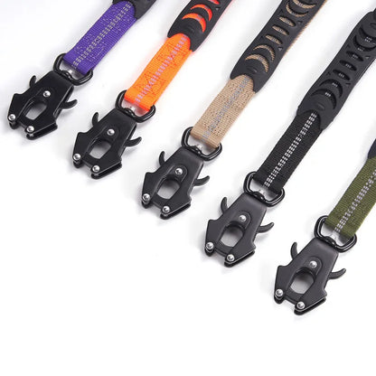 2in1 Car Leash for Medium Large Dogs Reflective Khaki Tactical Design Explosion Proof Frog Buckle Customizable Nylon Pet